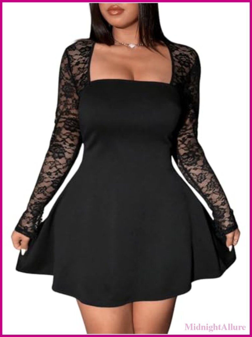 Plus Size Sheer Lace Long Sleeve Square Neck Flowy Mini Dress